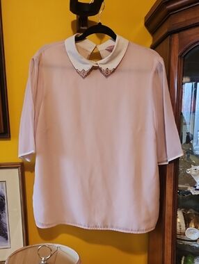 Ted Baker London Blush Pink Semi-Sheer Blouse with Embellished White Collar